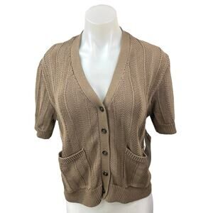 NEW Argent Brown Cable Knit V-neck Button Up Short Sleeve Pockets Sweater Top S